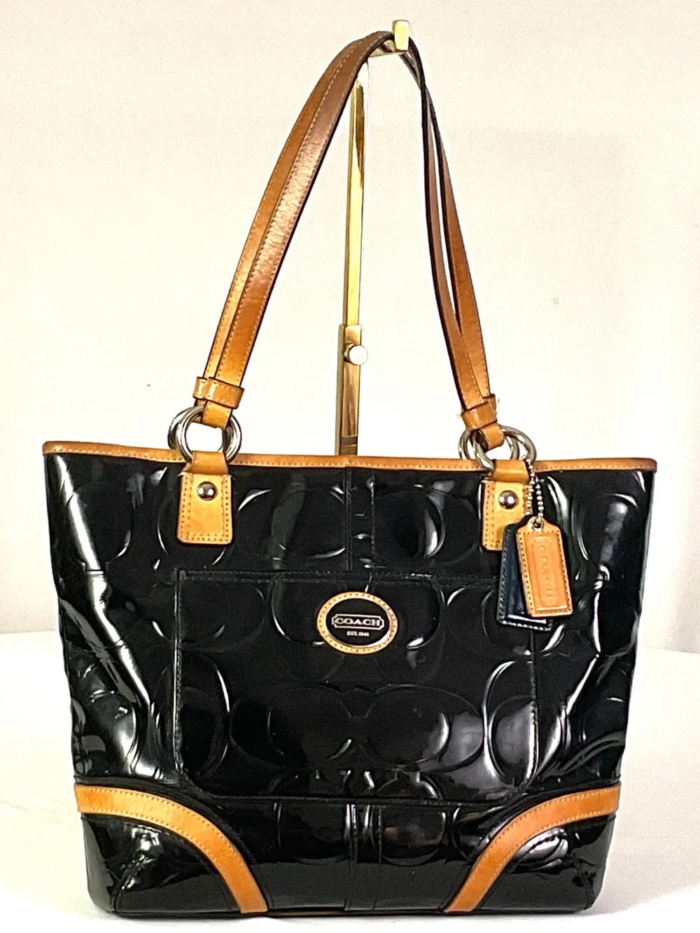 Coach -F22322-PEYTON-embossed, patent leather, tan leather trim, medium tote
